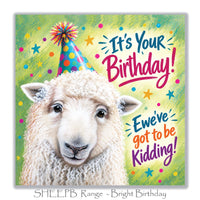 Square 15 x 15 cm sheep birthday card featuring original animal artwork by Irisha, printed on premium textured cardstock.