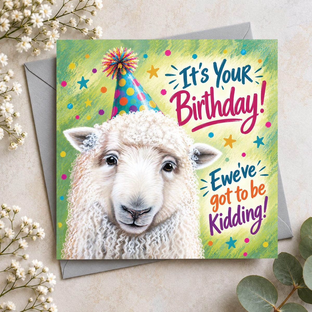 Humorous farm animal birthday greeting card with cute sheep illustration, bright confetti and colourful birthday lettering.