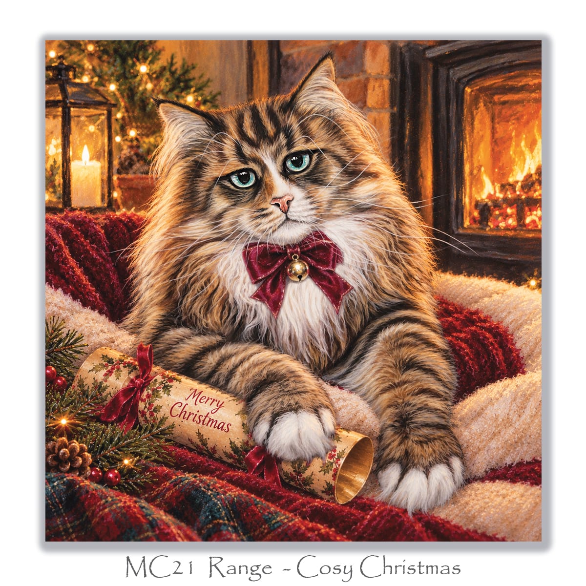 Christmas card for Siberian cat lovers showing a long-haired tabby cat relaxing beside a glowing fireplace