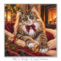 Christmas card for Siberian cat lovers showing a long-haired tabby cat relaxing beside a glowing fireplace