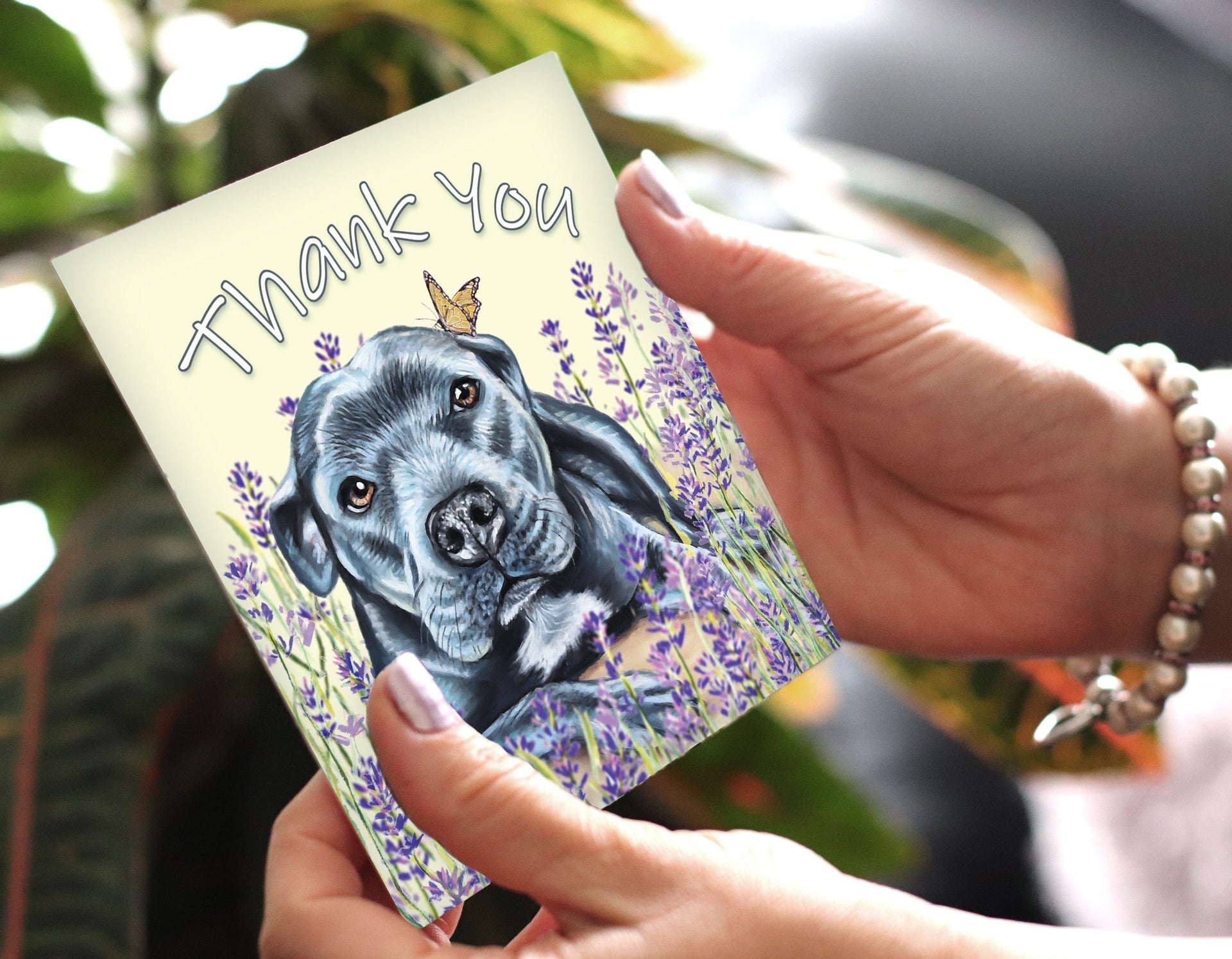 Thank you card with stuffed toy dog – whimsical art for pet lovers