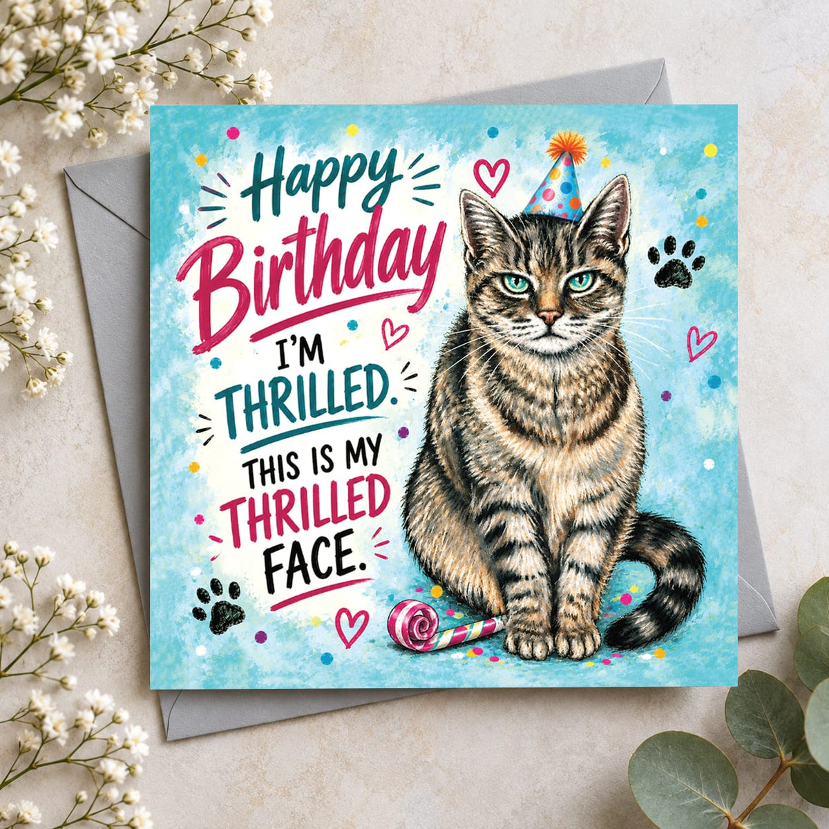 Humorous tabby cat birthday greeting card with turquoise background, colourful confetti, paw prints and funny sarcastic birthday wording.