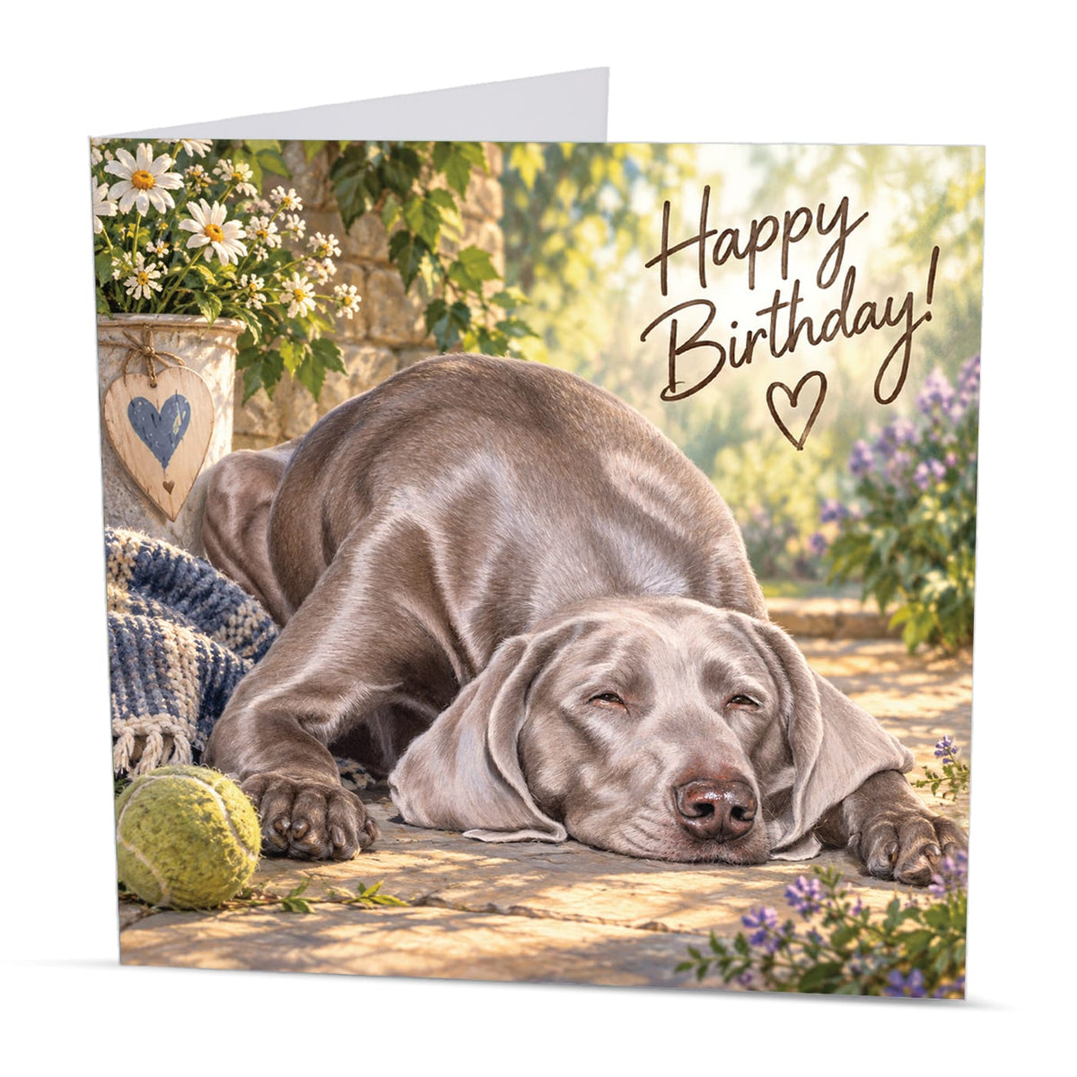 Square 15 x 15 cm Weimaraner birthday card featuring original dog artwork by Irisha, printed on premium 350 gsm textured cardstock.