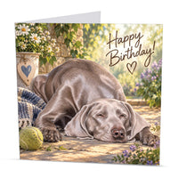 Square 15 x 15 cm Weimaraner birthday card featuring original dog artwork by Irisha, printed on premium 350 gsm textured cardstock.