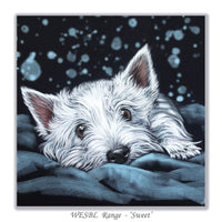 greeting card featuring Westie looking at you, background is black and blue