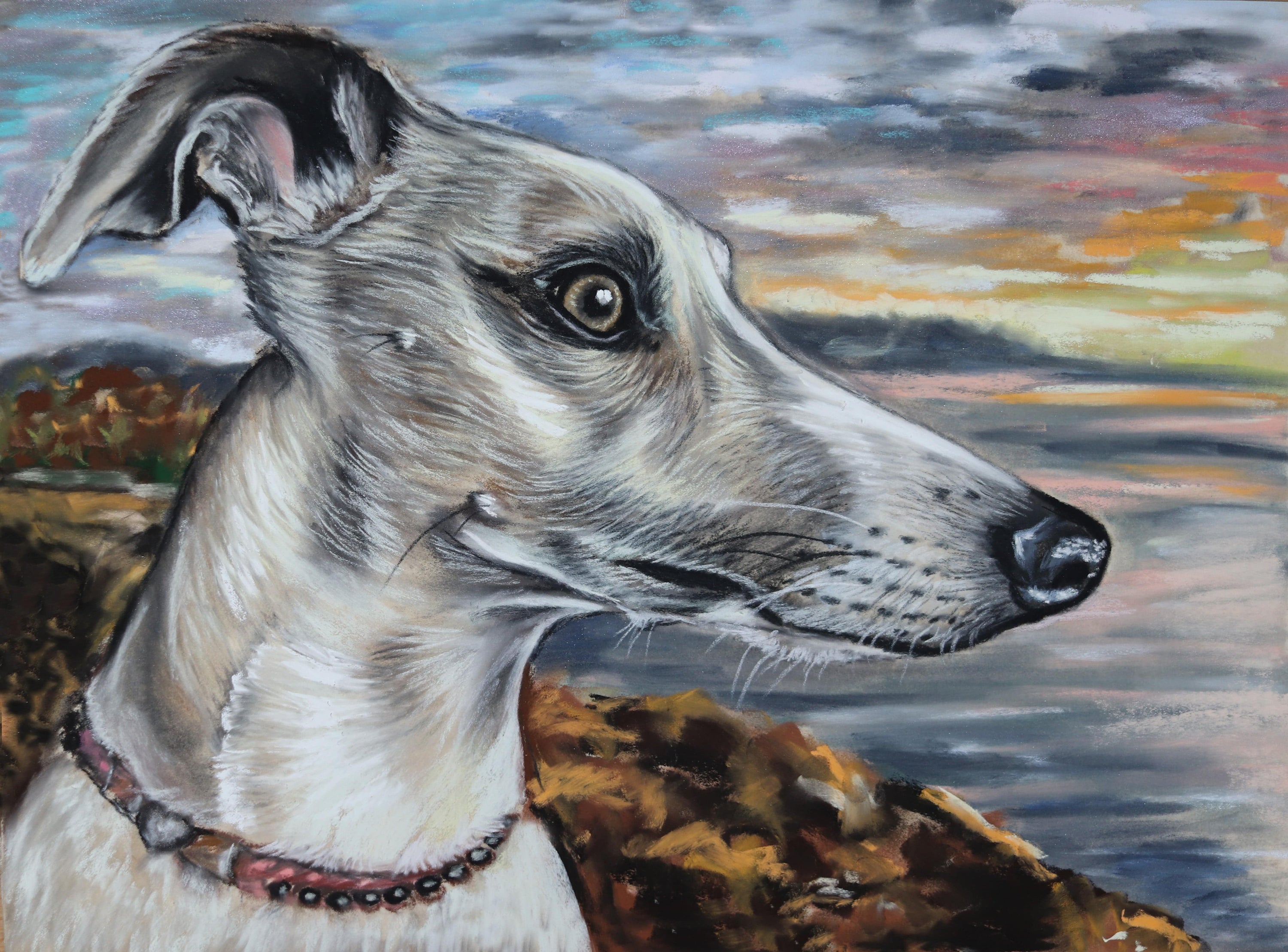 Artistic depiction of a Whippet dog with a scenic background