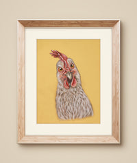 a white chicken with character, farmhouse wall art for chicken lovers.