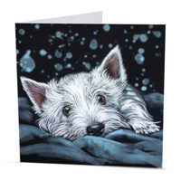 Greeting card with a painting of a white dog Westie on a dark background