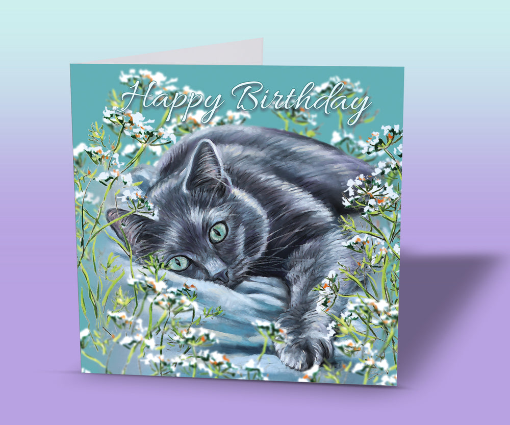 Russian Blue Cat Birthday Card