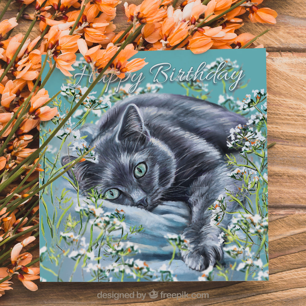 Russian Blue Cat Birthday Card